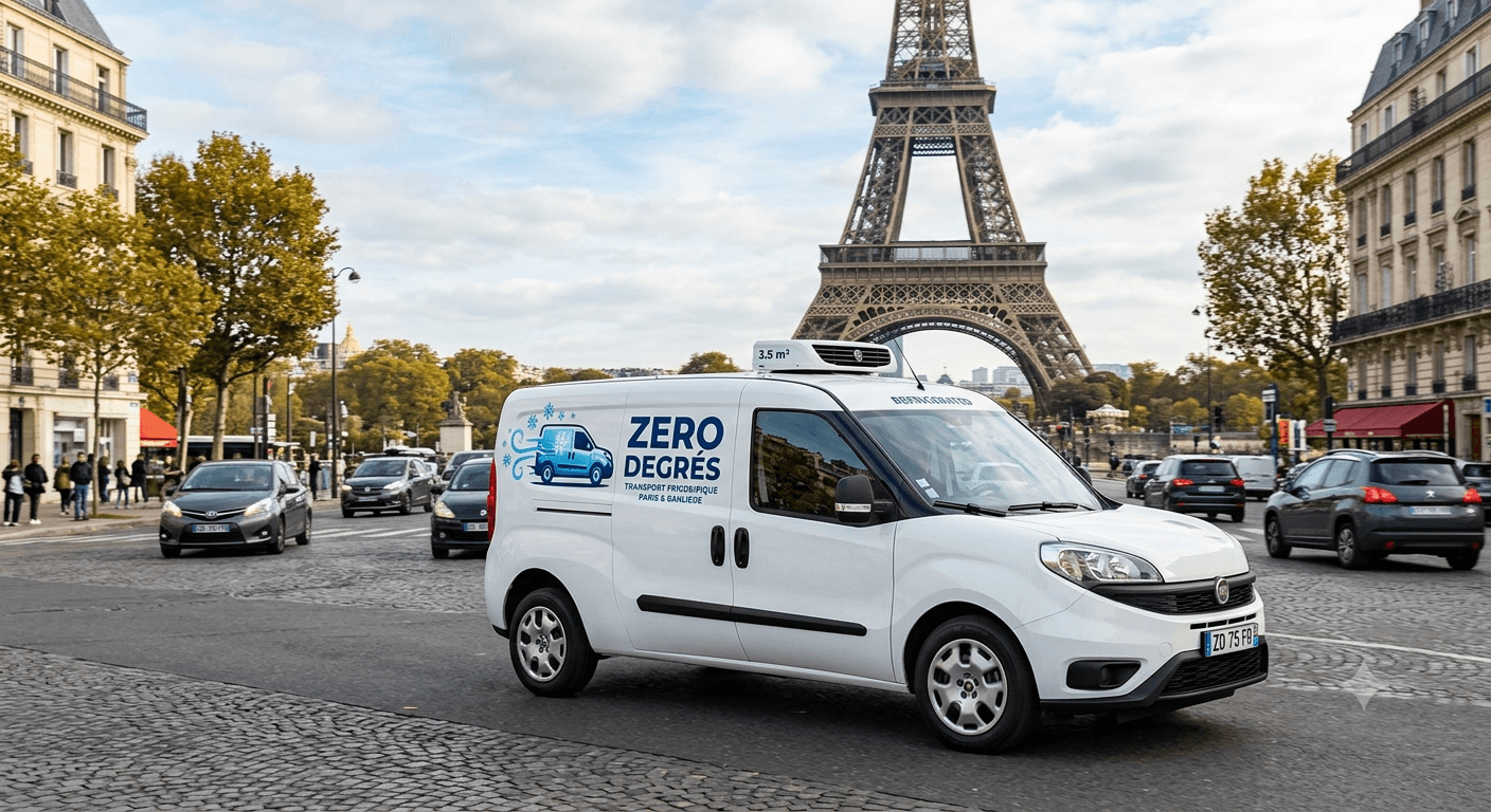 Véhicule frigorifique Zéro Degrés en livraison à Paris, devant la Tour Eiffel